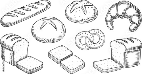 Hand drawn collection of various baked goods including bread loaves baguette croissant and pretzels loaf