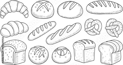 Hand drawn collection of various baked goods including croissants baguettes pretzels and loaves of bread