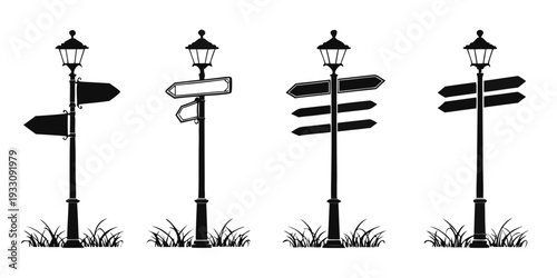 Four street signs with different directions and symbols on them Vector