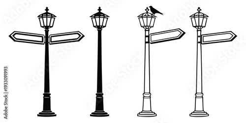 Four different types of street signs on poles with a bird perched on one. Vector