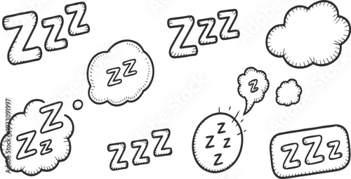 Hand drawn zzz symbols and clouds representing sleep and dreams in a doodle style dreaming thought