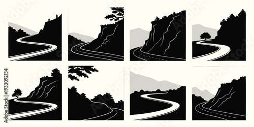 A series of images depicting a person skiing on a snowy slope with varying perspectives and lighting conditions. Vector