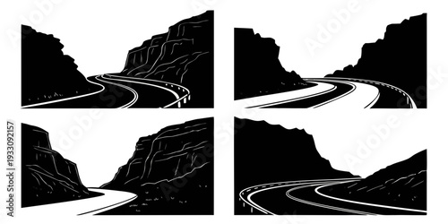 A collection of four black and white images depicting a winding river through a canyon. Vector