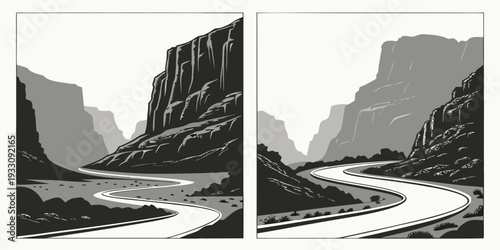 A serene landscape showcasing a majestic mountain range with a tranquil river flowing through a lush valley. Vector