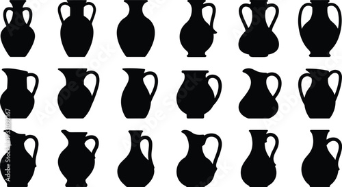 Jug and vase silhouettes illustration set, pottery vessel vector artwork, ceramic design graphics, archaeological icons collection, cultural artifact symbol