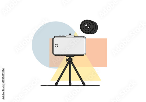 Minimalist concept of a digital camera setup with a smartphone on a tripod and a detached lens surrounded by abstract geometric shapes