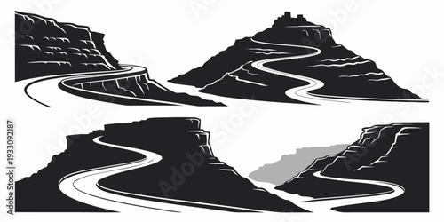 A serene landscape featuring two mountains with a winding river flowing through the valley. Vector