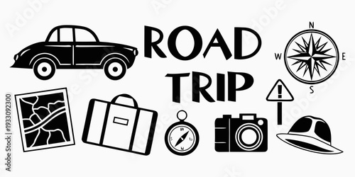 A collection of icons representing a road trip with a car, map, and compass. Vector