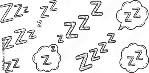 Hand drawn zzz symbols and speech bubbles on white background representing sleep and dreams text