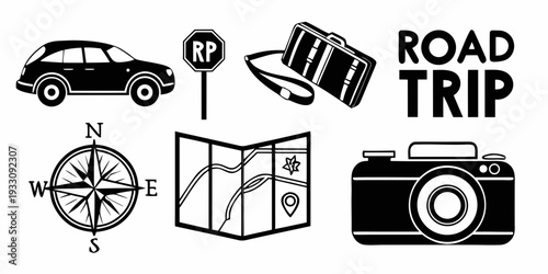 Icons representing various aspects of a road trip adventure. Vector
