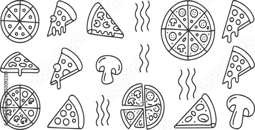 Hand drawn line collection of whole pizzas sliced pizzas mushrooms and steam food