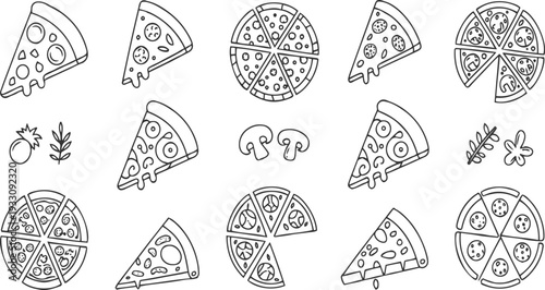 Collection of hand drawn pizza slices whole pizzas and ingredients in black outline on white background
