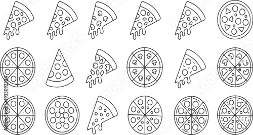 Collection of black and white line pizza slices and whole pizzas with various toppings food italian