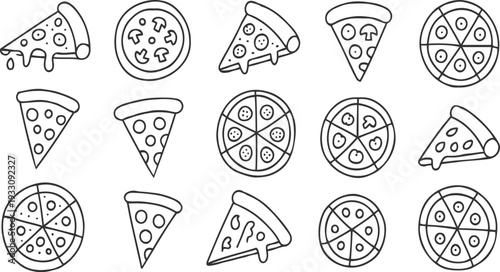 Collection of hand drawn pizza slices and whole pizzas with various toppings and dripping cheese food