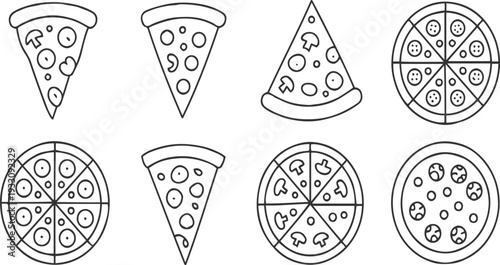 Eight black and white line of pizza slices and whole pizzas with various toppings