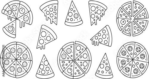 Collection of hand drawn pizza slices and whole pizzas with dripping cheese and pepperoni toppings
