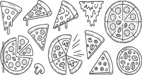 A collection of hand drawn black and white pizza slices and whole pizzas with various toppings like pepperoni mushrooms and basil
