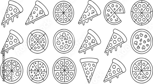 Collection of hand drawn pizza slices and whole pizzas with various toppings and dripping cheese in a simple outline style