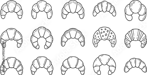 Collection of hand drawn croissant with varied textures and patterns pastry baking food breakfast