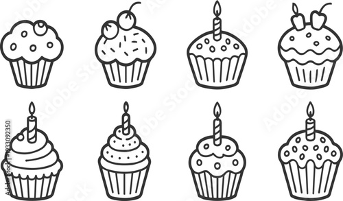 Eight black and white line cupcakes with various toppings and candles dessert sweet food