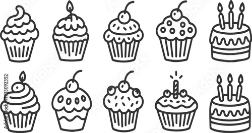 Collection of black line cupcakes and cakes with candles and cherries cherry frosting