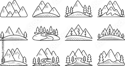 Collection of hand drawn mountain and forest landscape with rivers and hills mountains nature