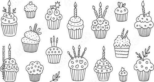Collection of hand drawn black and white cupcakes with candles and decorative dessert sweet food
