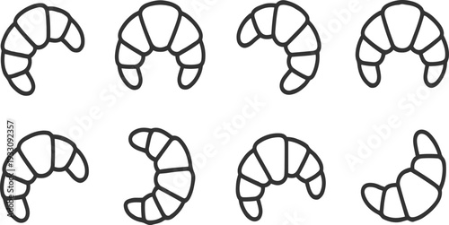 Eight simple black line croissants in various orientations on a white background pastry food baking breakfast