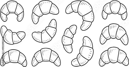 Collection of hand drawn black and white croissants in various orientations and sizes pastry baked food
