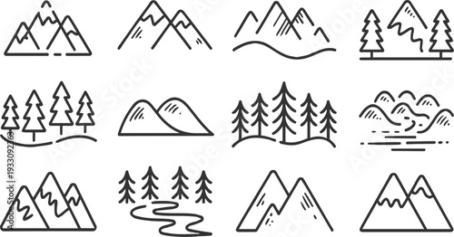 Collection of simple line mountain and forest mountains peak peaks snow