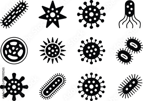 Microorganisms icons silhouettes illustration set, bacteria virus vector artwork, microbiology design graphics, scientific symbols collection, cellular structure symbol