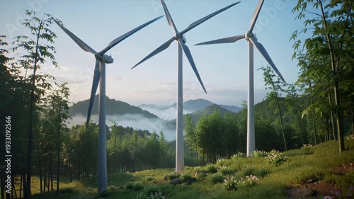 Wind turbines spinning in a serene natural landscape with trees and mountains