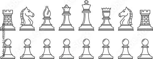 Professional chess pieces line icon set, strategy and logic game elements, king queen knight and pawn silhouettes isolated on white background.