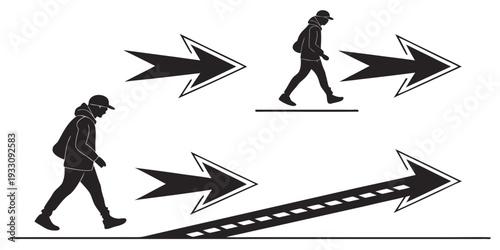 People walking in different directions with arrows indicating movement paths. Vector