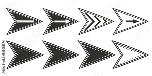 A set of five arrows pointing in the same direction, with varying shades of grey Vector