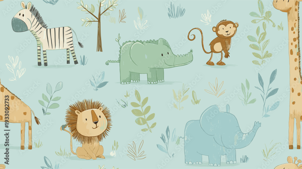 Fototapeta premium Safari animals pattern with giraffes, elephants, and lions on a light blue background. Cute cartoon jungle animals seamless pattern