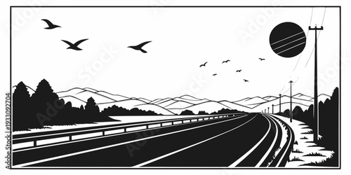 A serene evening drive with birds flying over a winding road and a full moon. Vector