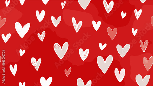 White outline and filled hearts scattering on a red watercolor textured surface. Hand drawn white hearts seamless pattern on red background
