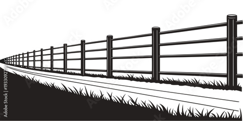A long wooden fence stretching into the distance on a grassy field Vector