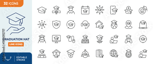 Graduation hat icon set. Contain icons related to graduation hat, academic cap, education, degree, diploma, and more.  outline icons colletion. Editable stroke. Vector illustrator.