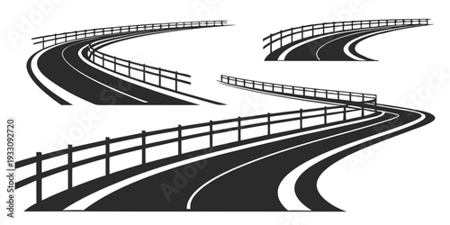 A winding road with a bridge and a curve in the distance. Vector