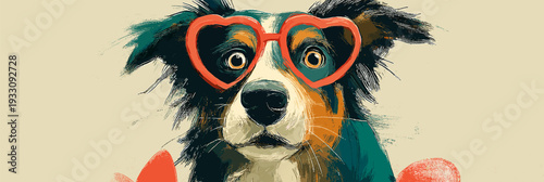 Doodle dog wearing a red heart sweater with heart-shaped glasses. Dog wearing red heart sweater and glasses for Valentine