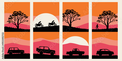 Sunset scenery with trees and cars on a road Vector