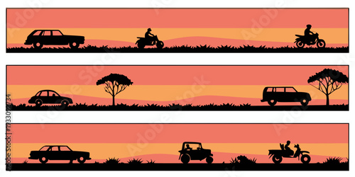 A serene beach scene with palm trees and various vehicles in the background Vector