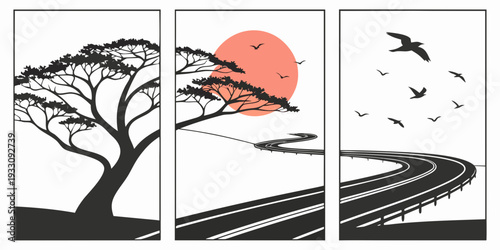 A serene landscape with a tree, a sunset, and birds in flight across three panels Vector