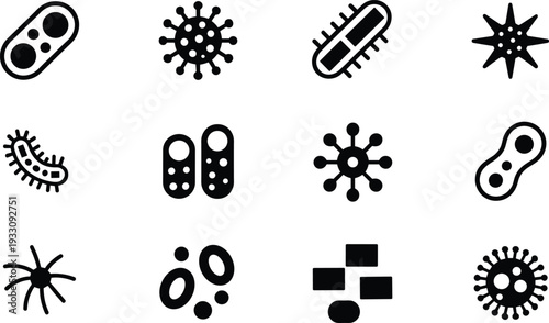 Microorganisms icons silhouettes illustration set, bacteria virus vector artwork, microscopic cell design graphics, healthcare symbols collection, scientific biology symbol