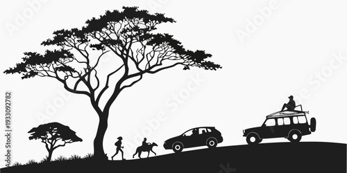 Silhouette of animals and a safari vehicle under a large acacia tree in the savanna. Vector