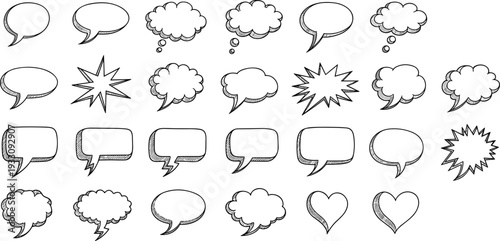 Hand Drawn Comic Speech Bubble Collection with Cloud Starburst and Heart Shapes Vector Illustration Set