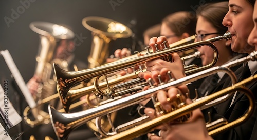 Musicians playing brass instruments in an orchestra performance.