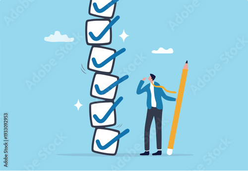 Complete checklist, correct or approval task list, productivity or efficiency compliance, perfect accomplish or task done concept, businessman hold pencil will all completed checklist finished tasks